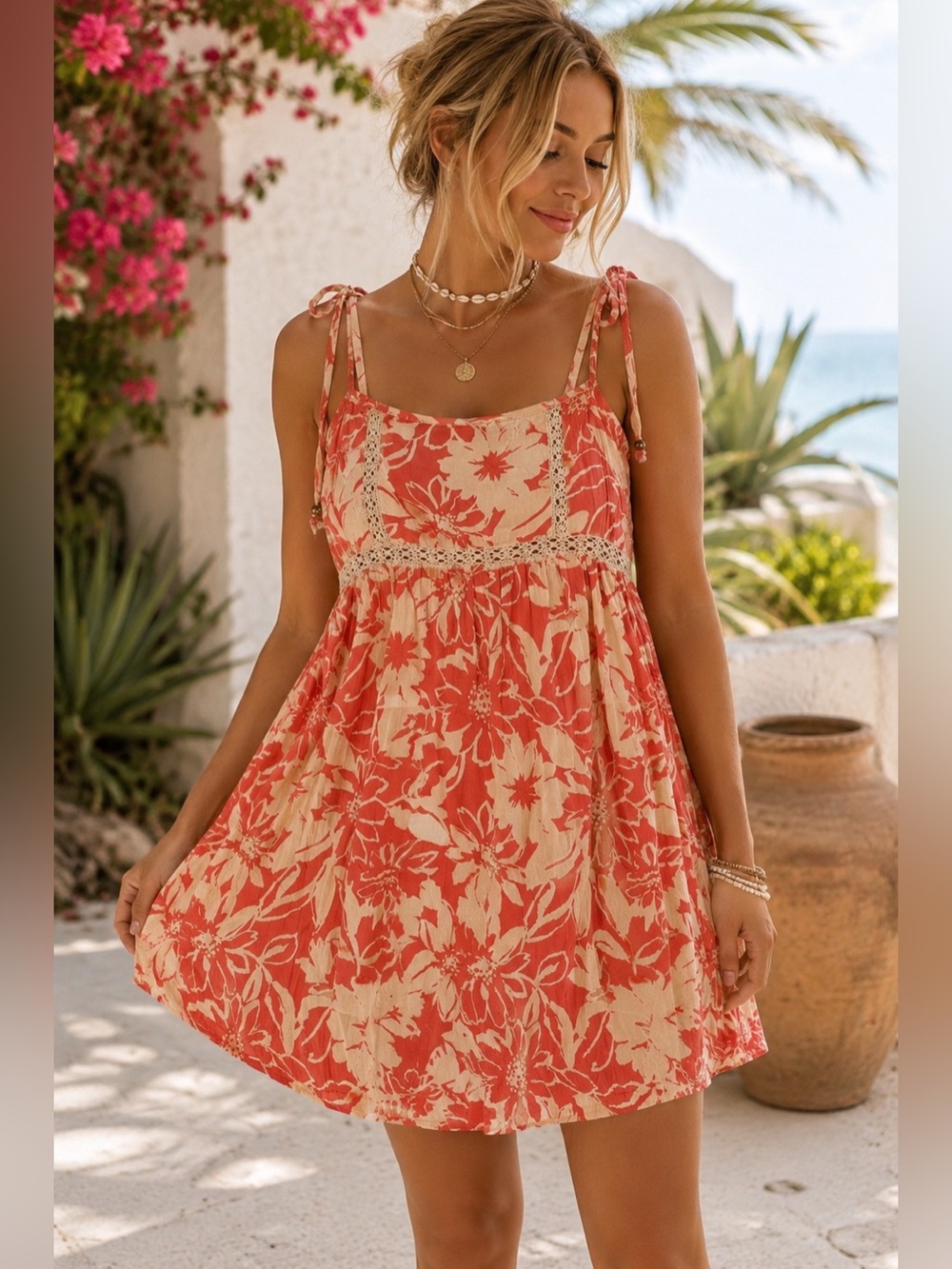 Angie Floral Tie Strap Sundress Boho Rayon Crochet Trim NWT Medium